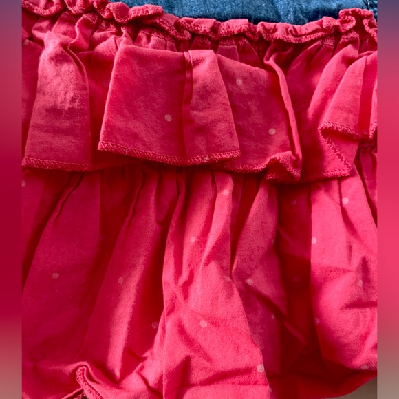 8 Guess Tiered Ruffle Chambray Denim Skirt, Fuchsia Pink Polka Dot, Crystals - Picture 3 of 12